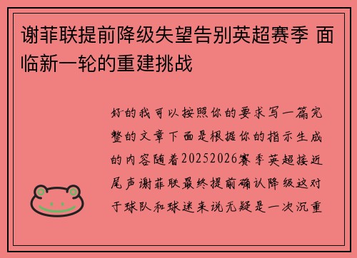 谢菲联提前降级失望告别英超赛季 面临新一轮的重建挑战